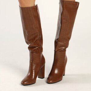 Lulus Giseley Brown Crocodile-embossed Knee High Boots - Size 5.5